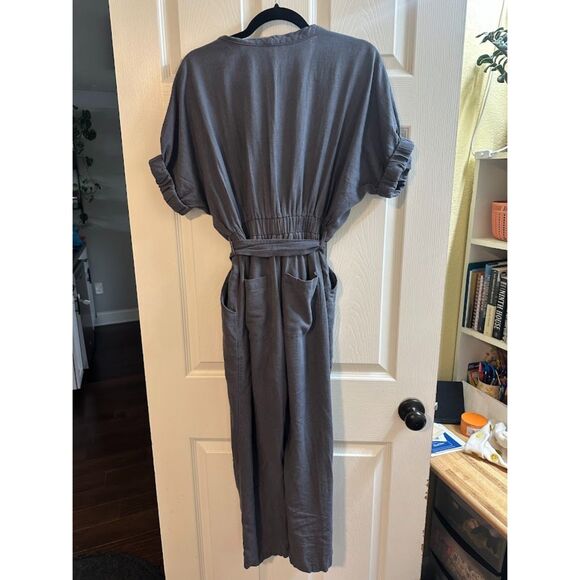 Baltic Born 100% Linen Charcoal Gray Belted Button Down 'Heidi' Jumpsuit - Picture 5 of 10